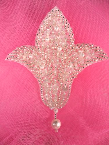 FS294 Silver Crystal AB Pearl Beaded Sequin Applique 3.75