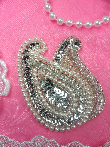 FS3035 Paisley Leaf Pearl Silver Beaded Sequin Applique 3\