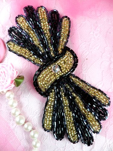FS3161 Black Gold Gunmetal Beaded Applique 5.25\