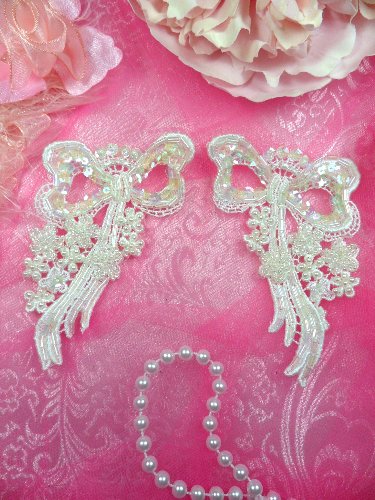 FS3225x Crystal Iris Pearl Bow Appliques Venice Lace Floral Sequin Beaded Mirror Pair 3\