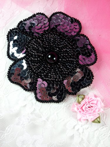FS3274 Gunmetal Floral Beaded Sequin Applique 3.75\