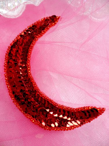 FS3379 Moon RED Applique Sequin Beaded Patch 3.5