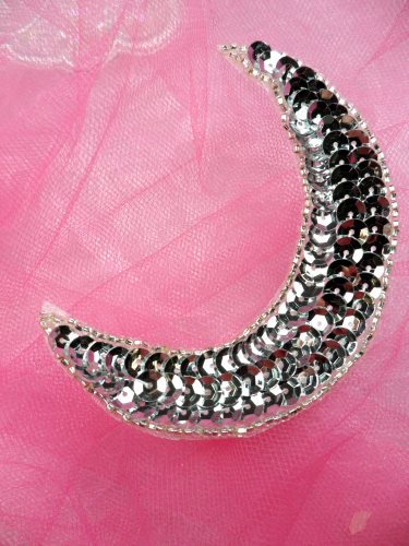 Moon Silver Applique Sequin Beaded Patch 4.25 JB285