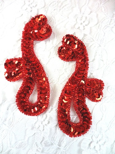 FS339  Red Mirror Pair Beaded Sequin Appliques 3.5