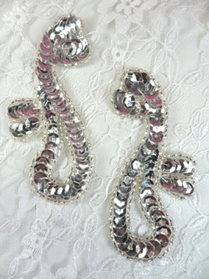 FS339  Silver Mirror Pair Beaded Sequin Appliques 3.5