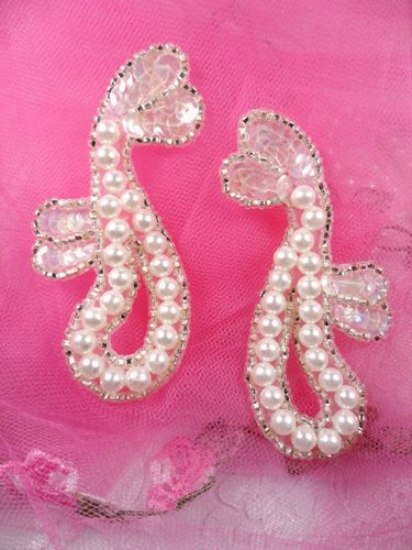 FS339 Silver Pearl Beaded Mirror Pair Sequin Appliques 3.5\