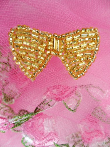 FS346A Gold Bow Beaded Applique 1.5