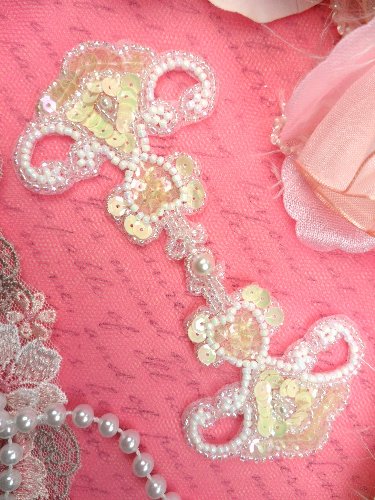 FS4346A White Pearl Beaded Crystal Aurora Borealis CAB Beaded Frog Button Closure 5\