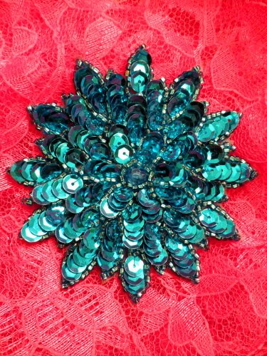FS474 Turquoise Floral Beaded Sequin Applique 3\