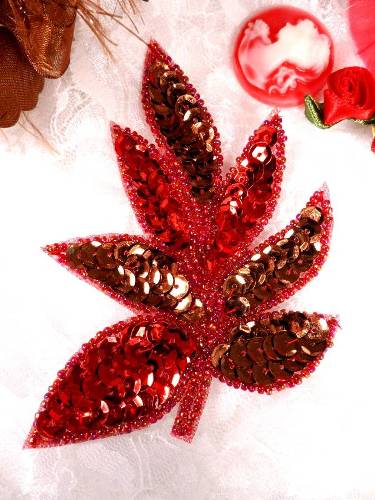 FS476 Red Bronze Leaf Sequin Beaded Applique 4\