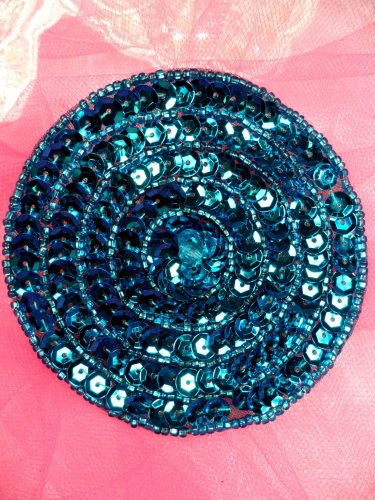 FS479 Round Circle Turquoise Applique Sequin Beaded Patch 3.5\
