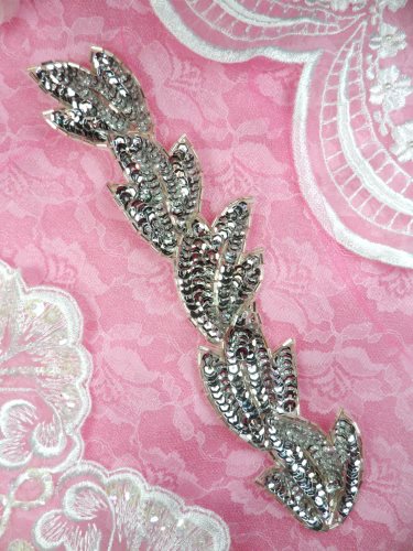 FS511 Leaf Silver Sequin Beaded Applique Patch 8.25