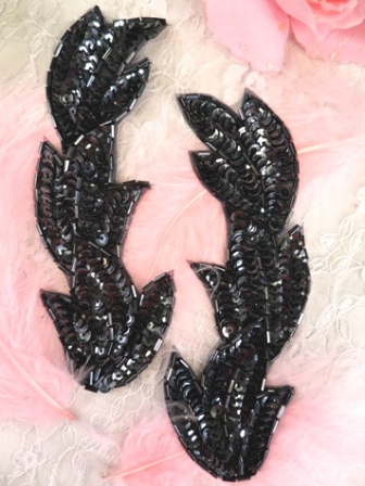 FS513 Gunmetal Leaf Mirror Pair Beaded Sequin Appliques 5.5