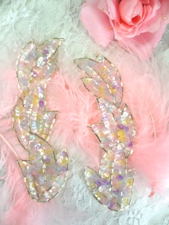 FS513 Pastel Leaf Mirror Pair Beaded Sequin Appliques 5.5