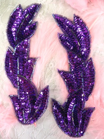 FS513 Purple Leaf Mirror Pair Beaded Sequin Appliques 5.5