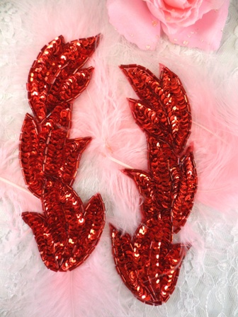 FS513 Red Leaf Mirror Pair Beaded Sequin Appliques 5.5