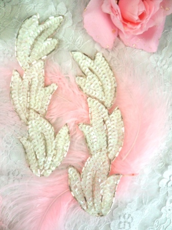 FS513 White Silver Leaf Mirror Pair Beaded Sequin Appliques 5.5\