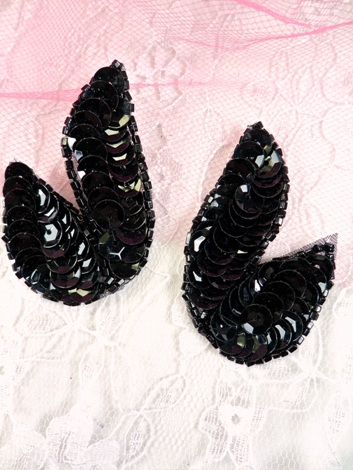 FS549  Black Mirror Pair Beaded Sequin Appliques 3.5