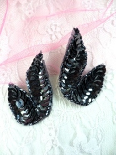 FS549  Gunmetal Mirror Pair Beaded Sequin Appliques 2