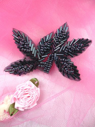 FS566A Gunmetal Beaded Leaf Applique 3.5