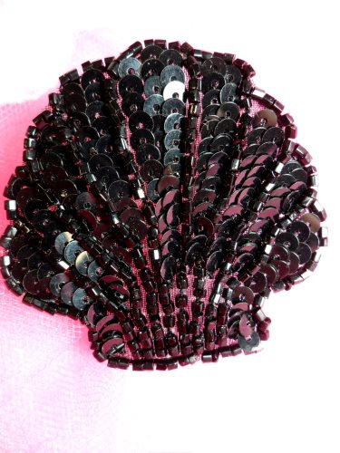 FS604 Seashell Ocean Black Applique Sequin Beaded Nautical Patch 2\