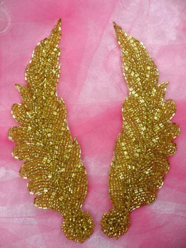 FS724 Gold MIRROR PAIR Beaded Feather Appliques 7\