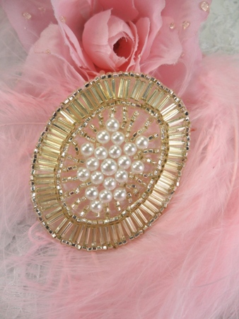 FS725B  Light Gold Pearl Oval Beaded Applique 2\