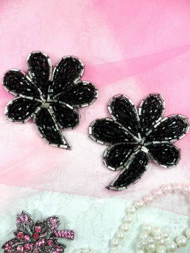 FS739 Black Silver Beaded Mirror Pair Sequin Appliques 2.5