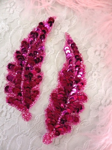 FS760  Fuchsia Leaf Mirror Pair Beaded Sequin Appliques 4