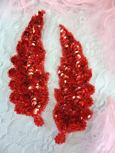 FS760  Red Leaf Mirror Pair Beaded Sequin Appliques 4