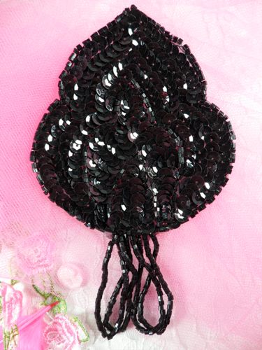 FS768  Black Epaulet Beaded Sequin Applique 5.75