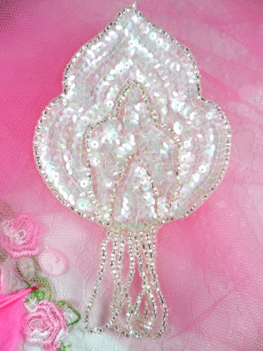 FS768  Crystal AB Silver Epaulet Beaded Sequin Applique 5.75