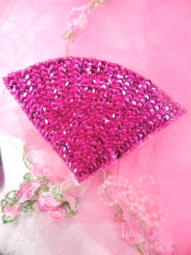 FS884 Fuchsia Fan Epaulet Beaded Sequin Applique 5\