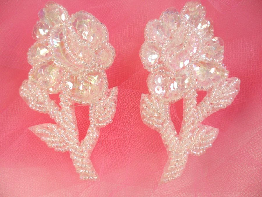 Flower Appliques Crystal Sequin Beaded Mirror Pair Floral Design 3.25 (FS89X)