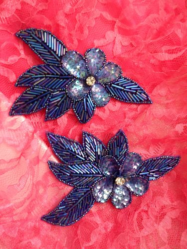 FS952B Sapphire Blue AB Flower Mirror Pair Beaded Sequin Rhinestone Appliques  6\