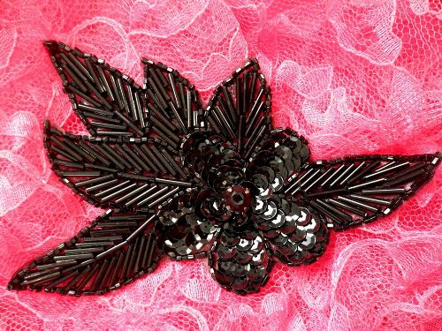 FS952BL Black Flower Beaded Sequin Applique 6\