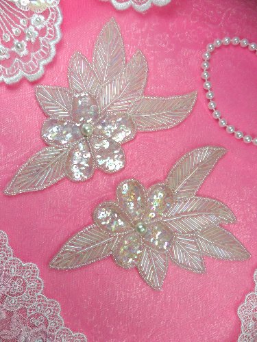 FS952B Crystal Aurora Borealis Flower Mirror Pair Pearl Centered Beaded Sequin Applique Set 6\