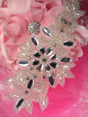 FSJ06 Silver Pearl Beaded Rhinestone Applique 6.25\