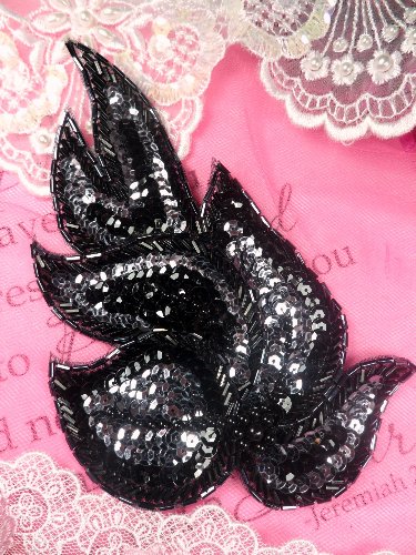 FSV07  Applique Designer Flame Black Gunmetal Combination Sequin Beaded 6.5