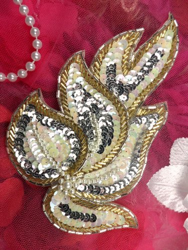 FSV07  Applique Designer Flame Gold Silver White AB Iris Pearl Combination Sequin Beaded 6.5\
