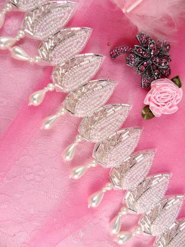 FSV150A  Leaf drops White Pearl Crystal AB Silver Beaded Trim 2.25\