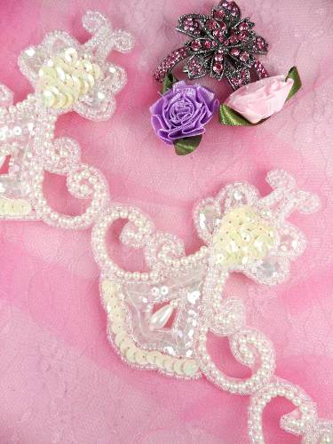 FSV37 Antique White AB Sequin Pearl Beaded Trim 3.75