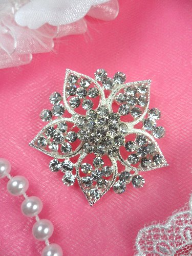 GB101  Bridal Rhinestone Brooch Pin Vintage Silver Crystal Glass 1.75