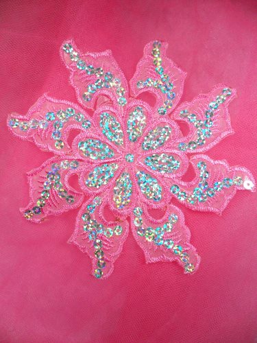 GB119 Pink Embroidered Flower Silver AB Sequin Applique 5.25\