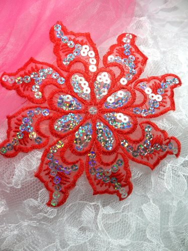 GB119 Red Embroidered Flower Silver AB Sequin Applique 5.25\