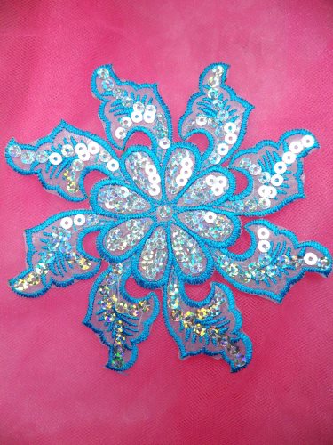 GB119 Turquoise Embroidered Flower Silver AB Sequin Applique 5.25\