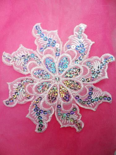 GB119 White Embroidered Flower Silver AB Sequin Applique 5.25
