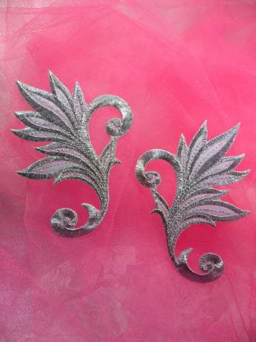 GB122 Mirror Pair Embroidered Applique Silver Metallic Iron On Patch 3.75
