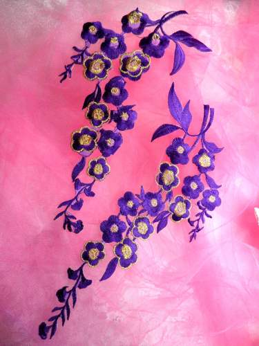 GB124X Purple Gold Embroidered Floral Mirror Pair Appliques 10