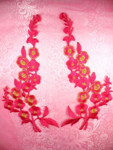 GB124 Fuschia Gold Embroidered Floral Mirror Pair Appliques 10\